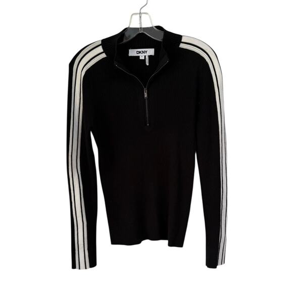 DKNY Ribbed Stripe Quarter Zip Mock Neck Long Sleeve Sweater - Med - Picture 6 of 7